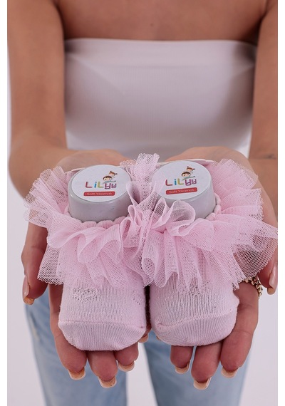 Burçak Çorap Soft Yıkamalı Kız Bebek Çorabı - Tül Ve Güpür Detaylı Pamuklu Model 4'lü Pembe