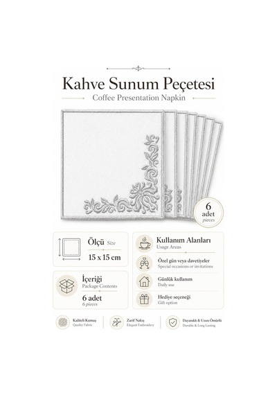 Gümüş Nakış İşlemeli 6'lı Kahve Yanı Sunum Peçetesi Çeyizlik Kahve Altı Sunum Peçetesi Spitze