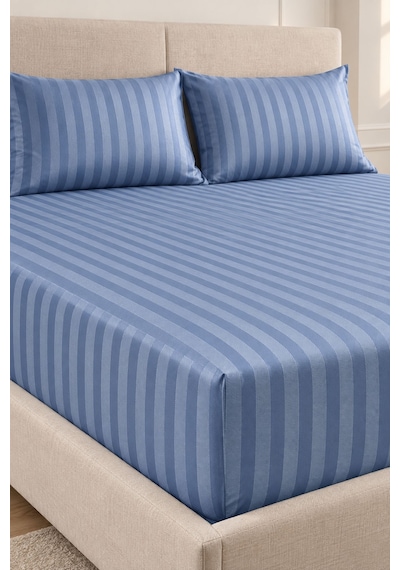 Varol %100 Pamuk Saten Stripe Tek Kişilik Lastikli Çarşaf Takımı 30 Cm 1 Yastık Kılıfı İndigo