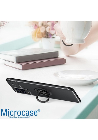 Realme 8 Focus Yüzük Standlı Silikon Kılıf - Siyah