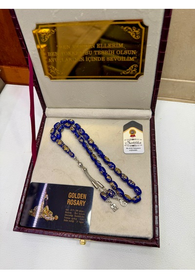Özel Yazılı Ve Özel Kutulu 24k Altın Parçacıklı Lacivert Tesbih Sertifikalı Kisiye Özel Harfli Hediye