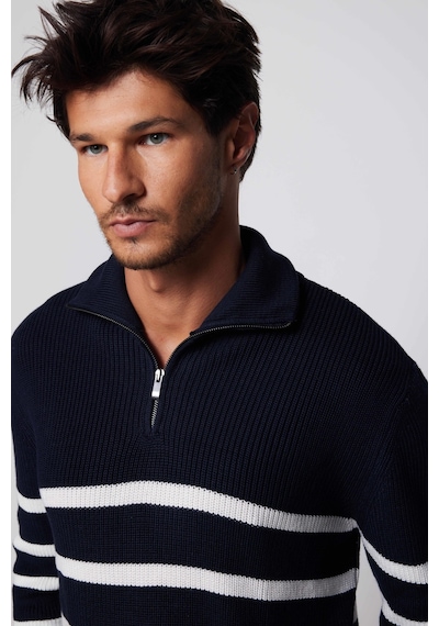 Tudors Erkek Slim Fit Fermuarlı Dik Yaka Çizgili Pamuklu Kazak-28901-multi Çok Renkli