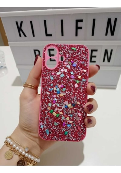 Apple Uyumlu iPhone 16 Taşlı Simli Kılıf Modeli Kirmizi
