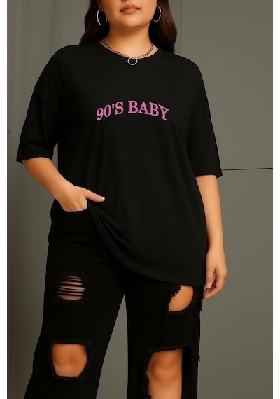 Büyük Beden 90's Baby Baskılı Unisex Tişört SIYAH