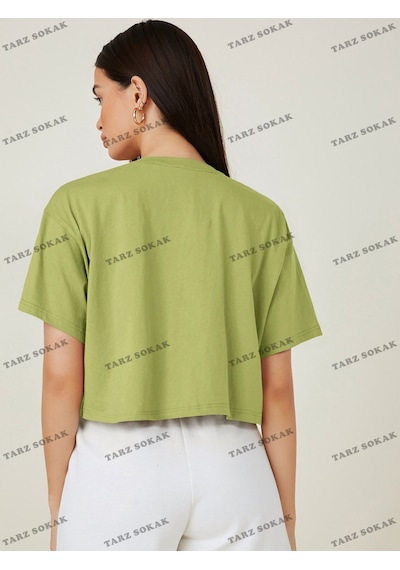 Flood Of Style Crop Ckod-232913 Pamuk Damla Omuz Düz Kısa Yeşil