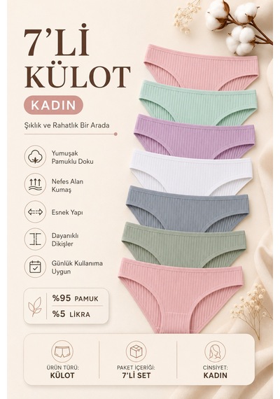 Nicoletta Kadın Külot 7 Li Paket Likralı Pamuklu Fitilli Kaşkorse Pembe
