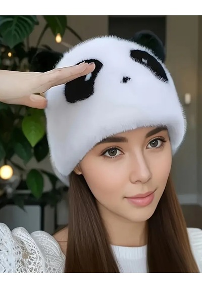 Caş Dekorasyon Siyah Ve Beyaz Renk Panda Figürlü Peluş Şapka Siyah - Beyaz