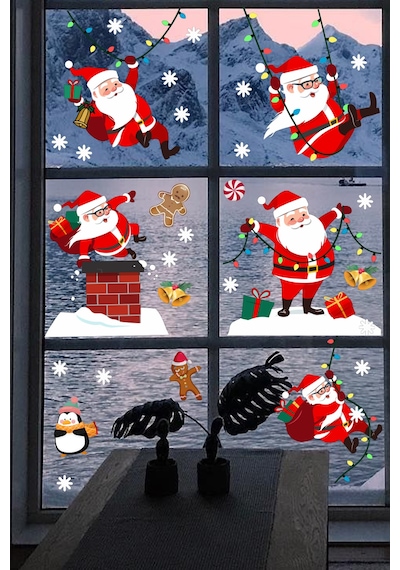 Yılbaşı Sticker  Sevimli Noel Baba ve Kar Taneleri Pencere Duvar Süsü