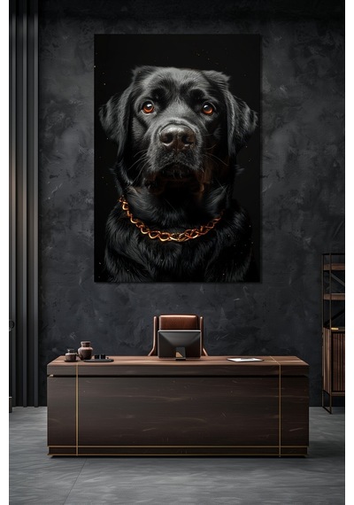 Siyah Köpek Baskılı Cam Tablo Gold Zincir Detaylı Modern Hayvan Temalı Duvar Dekoru