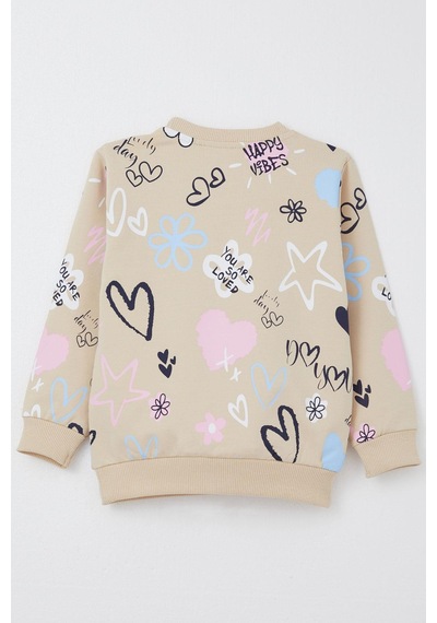 Breeze Kız Çocuk Sweatshirt Sevgi Temalı Desenli 3-8 Yaş, Bej Bej