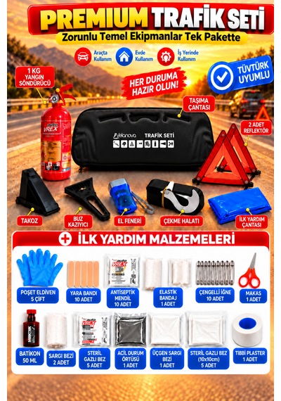 Trafik Ve İlk Yardım Seti Tüvtürk Muayene Uyumlu Ce Belgeli Abc 1kg Yangın Söndürücü Ve E Belgeli Reflektör-siyah