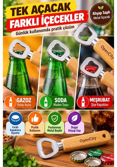 Bambu Saplı Metal Şişe Açacağı Gazoz Soda Meşrubat Kapak Açacak Ergonomik Mutfak Aparatı 14 Cm