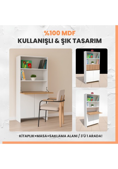 Kitaplıklı Ve Açılabilir Çalışma Masalı Çok Amaçlı Ünite %100 M 1 Beyaz
