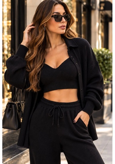 Tencelle Woman Kadın Siyah Örme 3 Lü Takım Gömlek Büstiyer Ve Bol Paça Pantolon Set