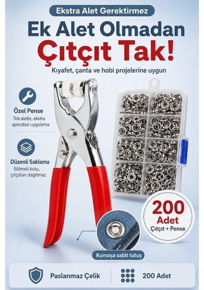 200 Adet Paslanmaz Çelik Metal Çıtçıt Düğme Ve Hobi Pense Seti Çıt Çıt Makinesi