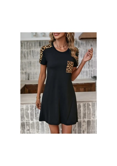 Butik İstanbul Kadın Kısa Kollu Yuvarlak Yaka Cepli Leopar Desen Detaylı Viskon Elbise Siyah Butik İstanbul Kadın Kısa Kollu Yuvarlak Yaka Cepli Leopar Desen Detaylı Viskon Elbise Siyah