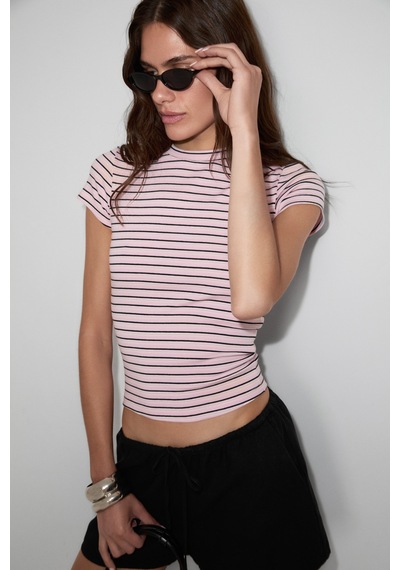 Grımelange Hopewell Kadın Yuvarlak Yaka Örme Slim Fit Pembe-siyah-beyaz Çizgili T-shirt