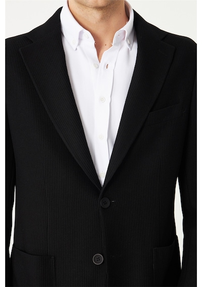 Siyah Kadife Fitilli Modern Kesim Düğmeli Blazer Ceket Siyah