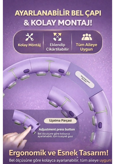 Dijital Lcd Ekranlı Masajlı Hulahoop Ayarlanabilir Ağırlıklı Egzersiz Çemberi Masaj Etkili Bel İnceltme Çemberi Mor - 929626792