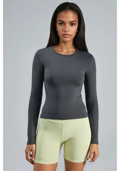 Hiccup Busem Slim Fit Yuvarlak Yaka Uzun Kollu Bluz Koyu Gri