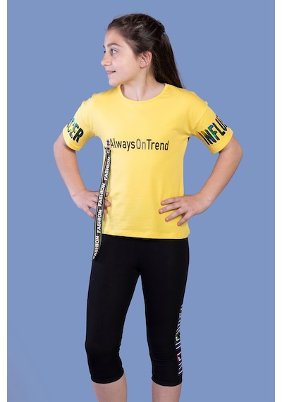Toontoy Kids Toontoy Kız Çocuk 2'li Takım Baskılı Bisiklet Yaka T-shirt & Basic Düz Crop Tayt & Şerit Detaylı Sarı