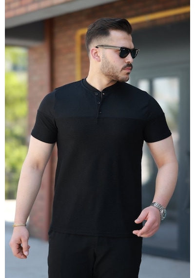 Erkek Hakim Yakalı Kısa Kollu Pamuklu T-shirt Siyah