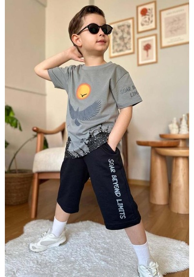 Riccotarz Erkek Çocuk Ağaç Ve Güneş Baskılı T-shirt Yazı Detaylı Gri Şortlu Takım Gri