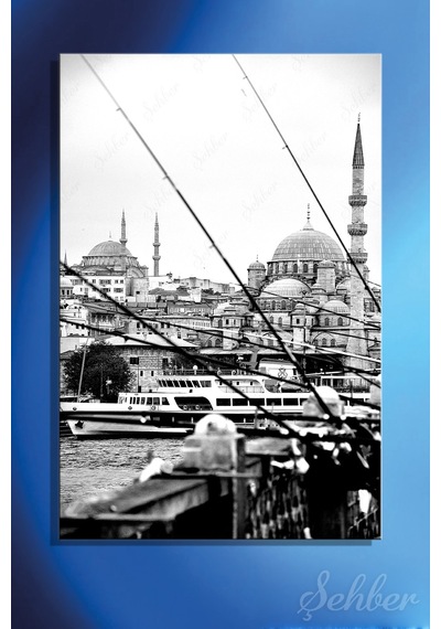 İstanbul'un Tarihi Silüetini Gösteren Siyah-beyaz Bir Şehir Manzarası Dikey Kanvas Tablo Tekli 3790