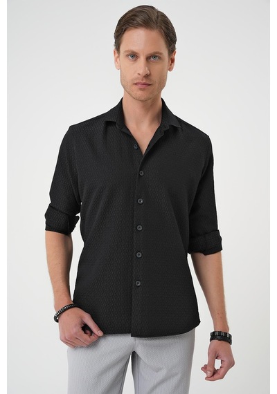 Efor Slim Fit Gofre Kumaş Desenli Kısa Kol Siyah Gömlek G 1592 Siyah