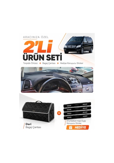 Mercedes Viano W639 2003-2014 Uyumlu Torpido Örtüsü + Deri Bagaj Çantası + Sticker - Siyah Gri