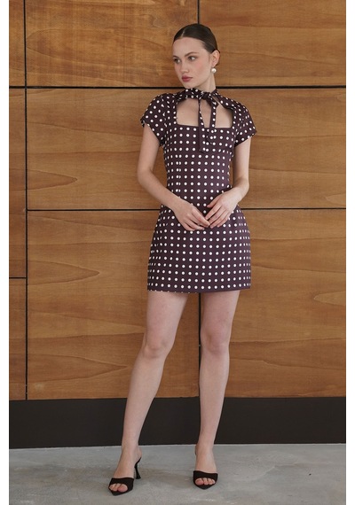 Verymoda Puantiyeli Saten Elbise D2978 Kahve