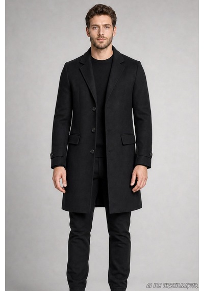 Freemen Erkek Slim Fit Klasik Yaka 3 Düğmeli Uzun Kaşe Kaban-425 Siyah
