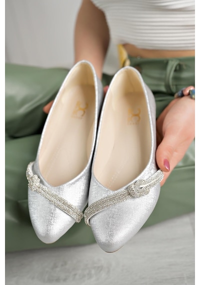 Nesil Shoes Ceylan 343 Gümüş Taşlı Kadın Babet-gümüş Sıvama Gümüş