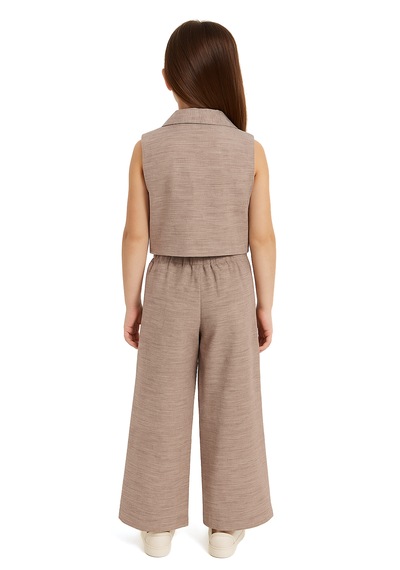 Merdia Kids Kız Çocuk Keten Yelek Ve Pantolonlu 2li Takım Vizon