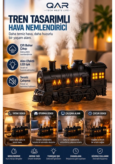 Siyah Tren Tasarımlı Hava Nemlendirici Dekoratif Masa Üstü Ortam Nemlendirici Kumandasız