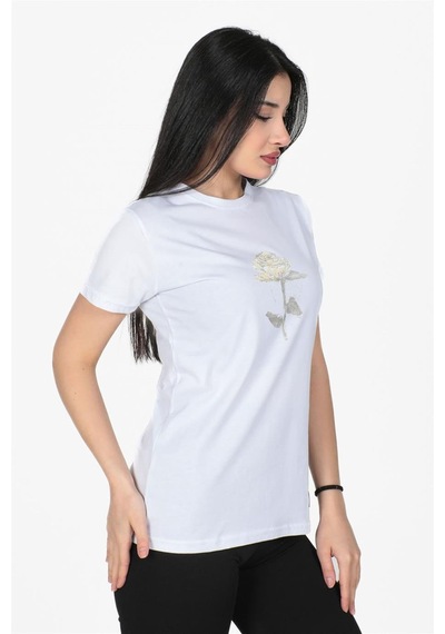 Gül Desenli Bisiklet Yaka Normal Kalıp Tshirt Beyaz-beyaz Beyaz