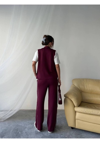 Rawea T-shirtlü Yelekli Eşofman Takımı 3'lü - Boru Paça & Slim Fit Bordo