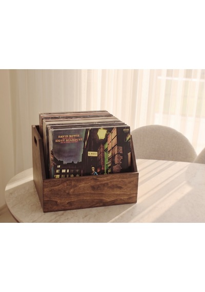 Ahşap Lp Plak Sandığı Koyu Ceviz Rengi - Organizer Kutu - Wooden Lp Record Box Dark Walnut Color Koyu Yeşil