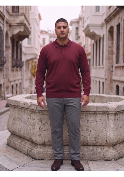 Maccali Erkek Bordo Büyük Beden Gizli Fermuarlı Polo Yaka Triko Sweatshirt