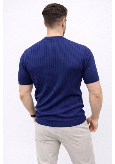 Erkek Kısa Kol Fitilli Triko T-shirt Yazlık Hakim Yaka Tişört - Lacivert
