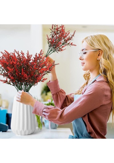 6lı Set Yapay Çiçek Kırmızı Lavanta 7 Dallı Plastik Dekoratif Yapay Bitki