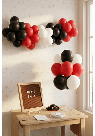 Korsan Temalı Doğum Günü Süsleme Deluxe Set Kahve Keçe Yazı Panosu Standlı Balon Zincirli 7 Li Şeffaf Balon Standlı 3+ Yaş