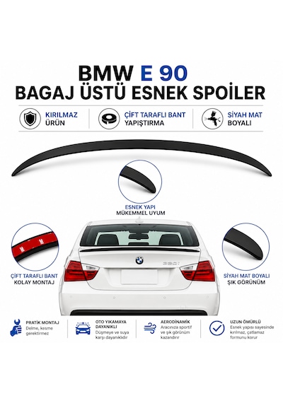 Bmw E90 3 Serisi 2005-2012 Model Uyumlu Bagaj Üstü Esnek Spoiler Siyah Mat Boyalı
