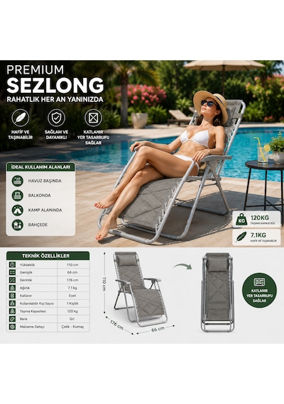Premium Katlanır Şezlong Gri Ergonomik Bahçe, Kamp, Havuz, Balkon Ve Plaj Dinlenme Koltuğu Çelik Gövde 120 Kg Taşıma Kapasiteli