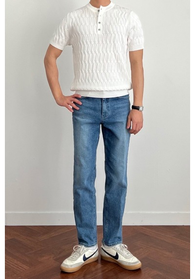Tarz Cool Erkek Hakim Yaka Düğmeli Slim Fit Triko T-shirt Beyaz