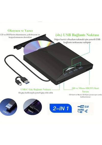 Çok Fonksiyonlu Harici Cd Dvd Sürücü 7 In 1 Harici USB 3.0 Type-c Yazıcı Okuyucu Laptop Mac Win