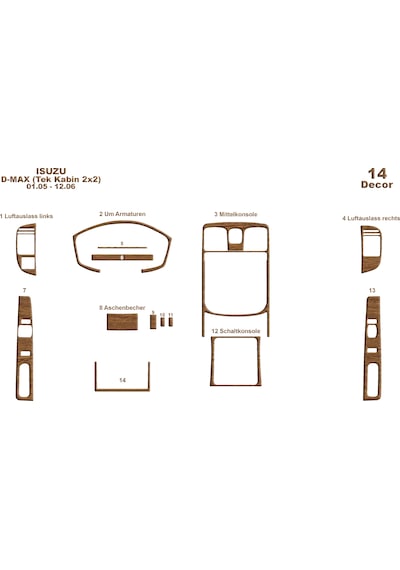 Isuzu D Max Tek Kabin 2x2 Konsol-torpido Kaplama 2005-2006 14 Parça-açık Meşe Seçenekler