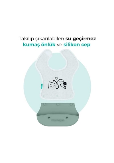 Mamajoo Silikon & Kumaş Katlanır Mama Önlüğü | 2-in-1 Powder Green + Kumaş Önlük