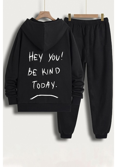 Uyguntarz Unisex Hey You Baskılı Eşofman Takımı Siyah