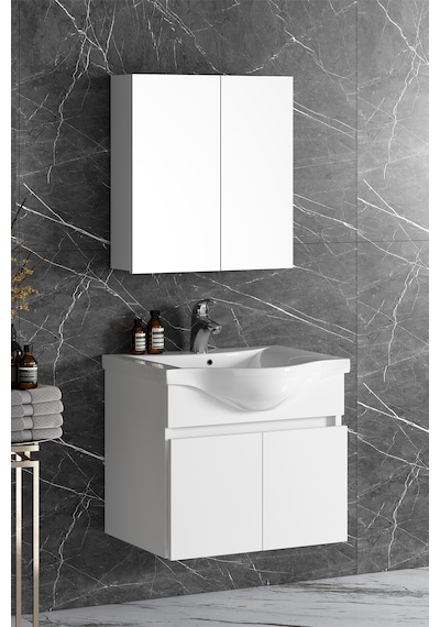 Yıldız 55 Cm Beyaz Mdf Seramik Lavabolu Asma Banyo Dolabı Takımı Beyaz